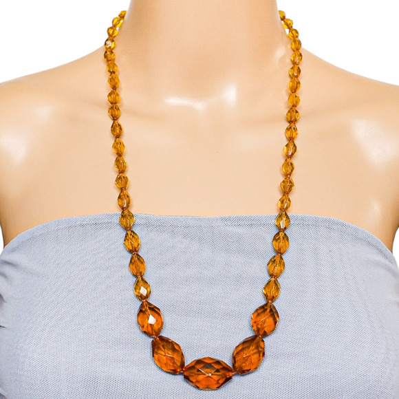 Vintage Faceted Amber Glass Beaded Necklace – Hand Knotted Graduated 1930s Czech - Picture 1 of 7